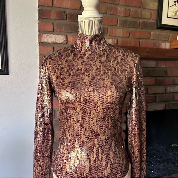 Anthropologie Byron Lars Metallic Sequin Long Sleeve Bodysuit in Bronze Sz 10 - Picture 2 of 7